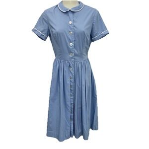 Vintage 1950s Bobbie Brooks Blue Cotton Shirt Dress Ric Rac Fit Flare USA XS S
